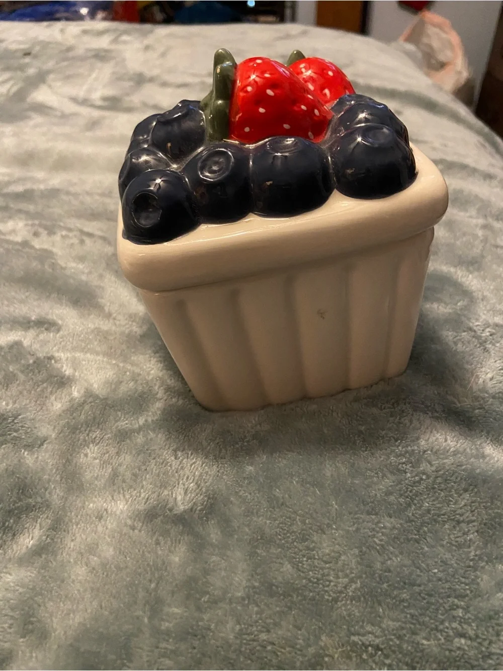 Crescent Ceramic Berry Basket with Red Strawberries & Blue Berries